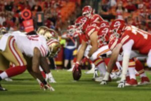 Line of scrimmage before the snap during an NFL game between the San Francisco 49ers and Kansas City Chiefs