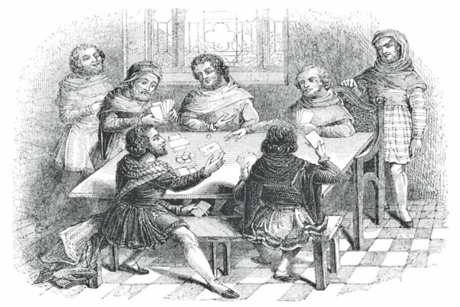 men gambling playing cards in 15th century 