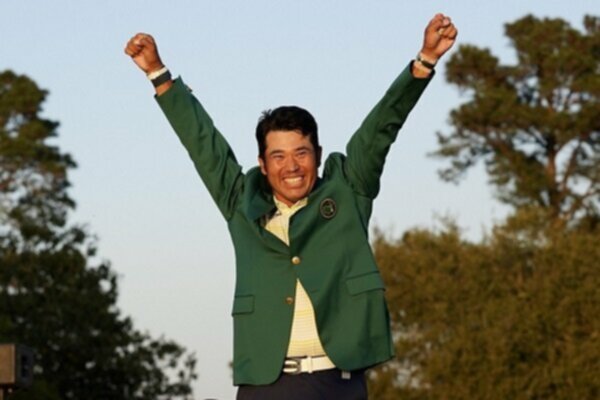 Hideki Matsuyama celebrates his Masters win