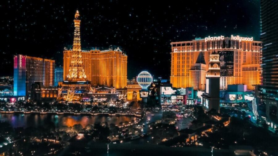 las vegas hotel and casino lit up at night