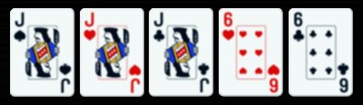 five playing cards: three jacks and two 6s