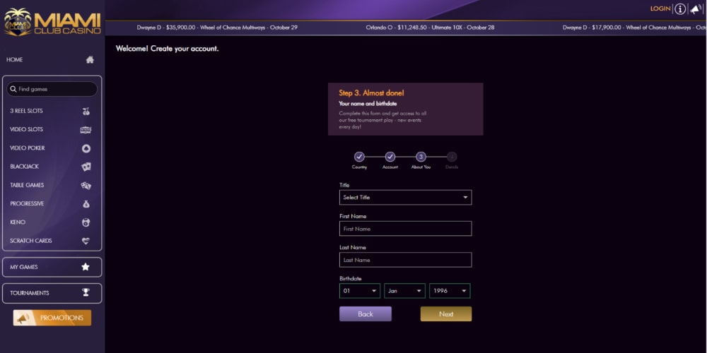 Miami Club Casino Registration Step 3
